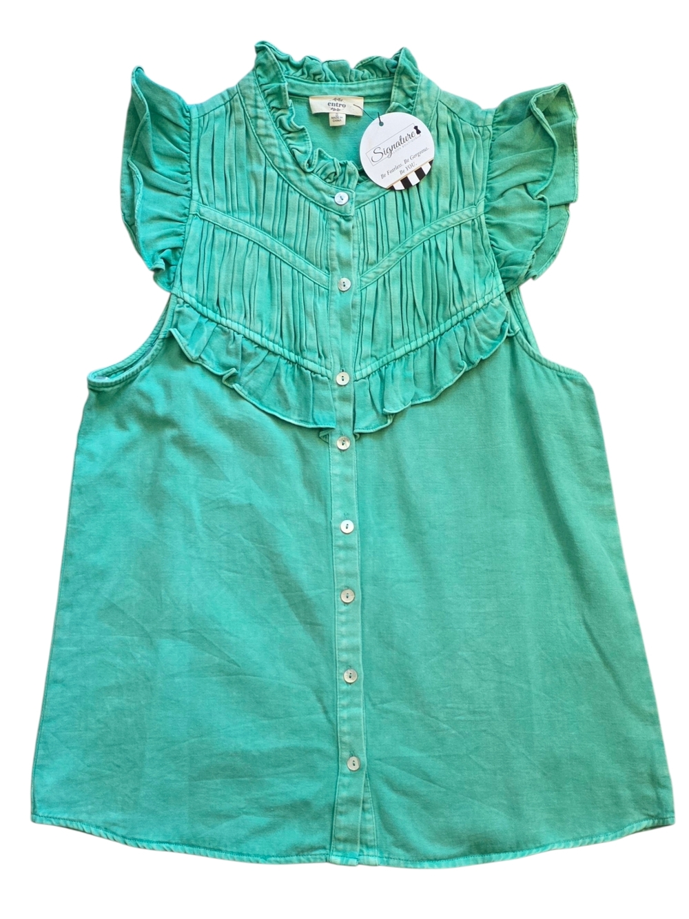 Entro Small Green Denim Ruffle Button Down Sleeveless Boho Chic Blouse